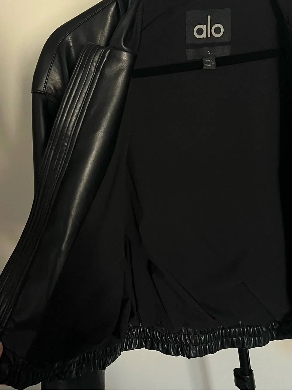 ALO Yoga Black Faux Leather Hooded Bomber Jacket